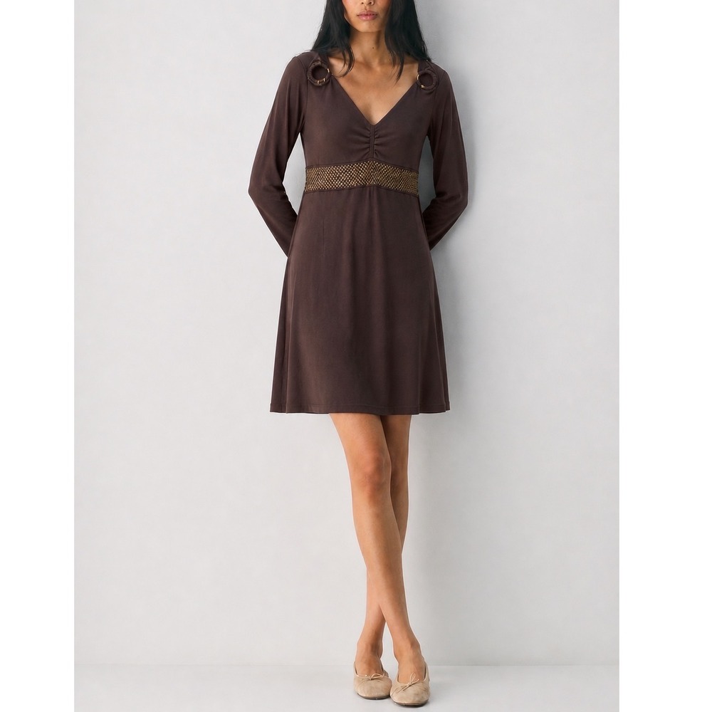 BCBG Max Azria Brown/Gold V-Neck Midi Dress